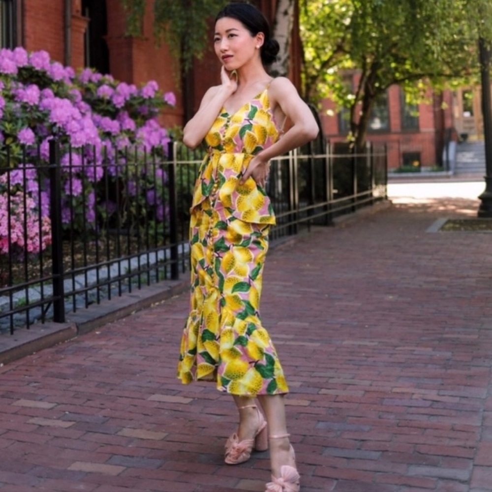 🍋 FARM Rio Fresh Lemons Ruffle Midi Dress Size XL NWT